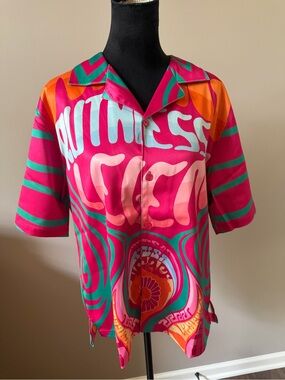 NovaMen Vibrant Pink & Teal Graphic Button-Up Shirt Medium